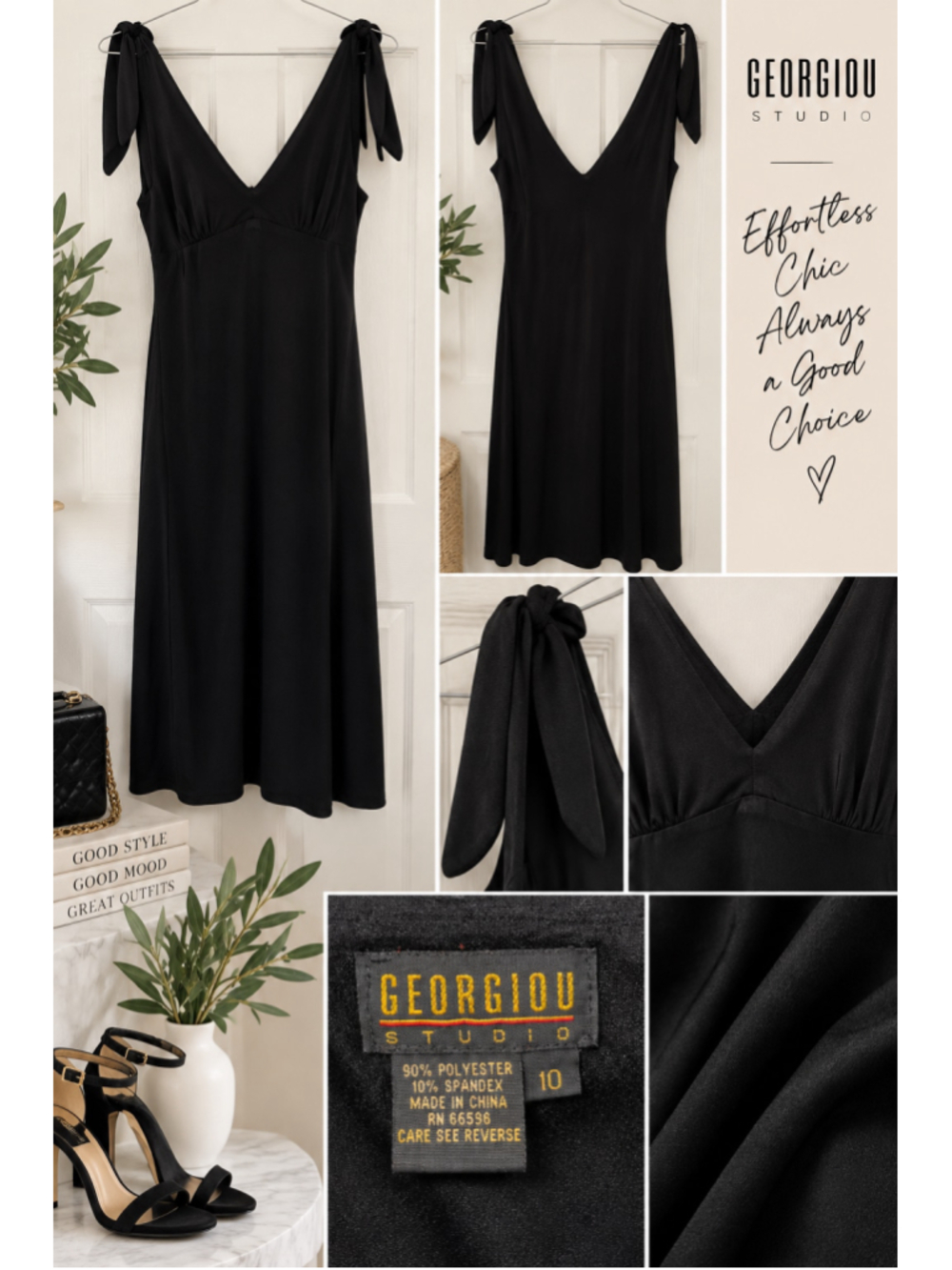 Georgiou Studio Black Tie Shoulder Midi Dress Size 10 Deep V Neck